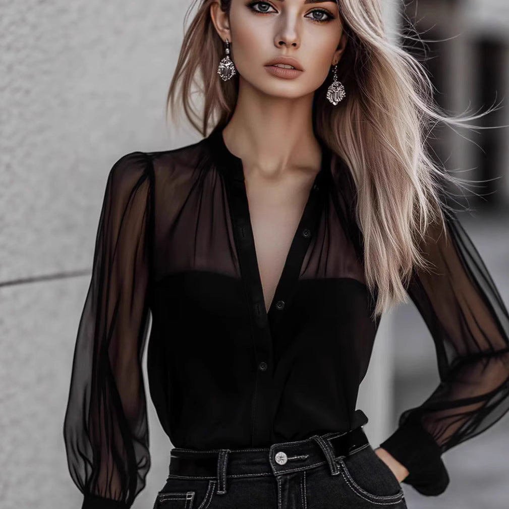 Black Elegant Mesh-Panel Blouse With A Sophisticated Vibe