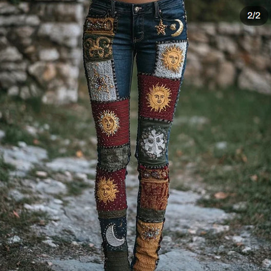 Vintage Moon Sun crochet patchwork skinny jeans by Bucciato, luxury women&