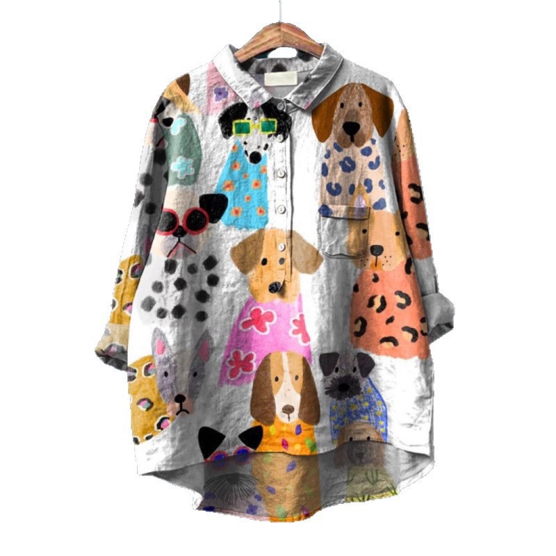 Women's Summer Loose-Fit Printed Lapel Casual European-Size Shirt