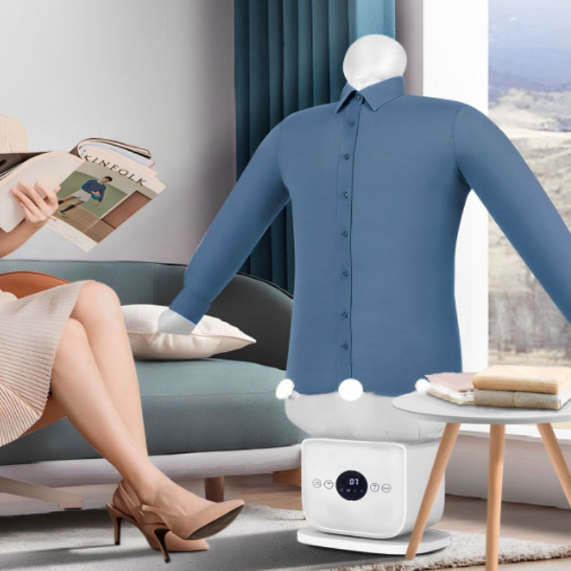 Automatic inflatable portrait ironing and drying machine by Bucciato, all-in-one clothes drying and ironing system in action.