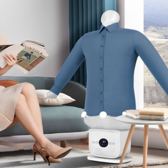 Automatic inflatable portrait ironing and drying machine by Bucciato, all-in-one clothes drying and ironing system in action.