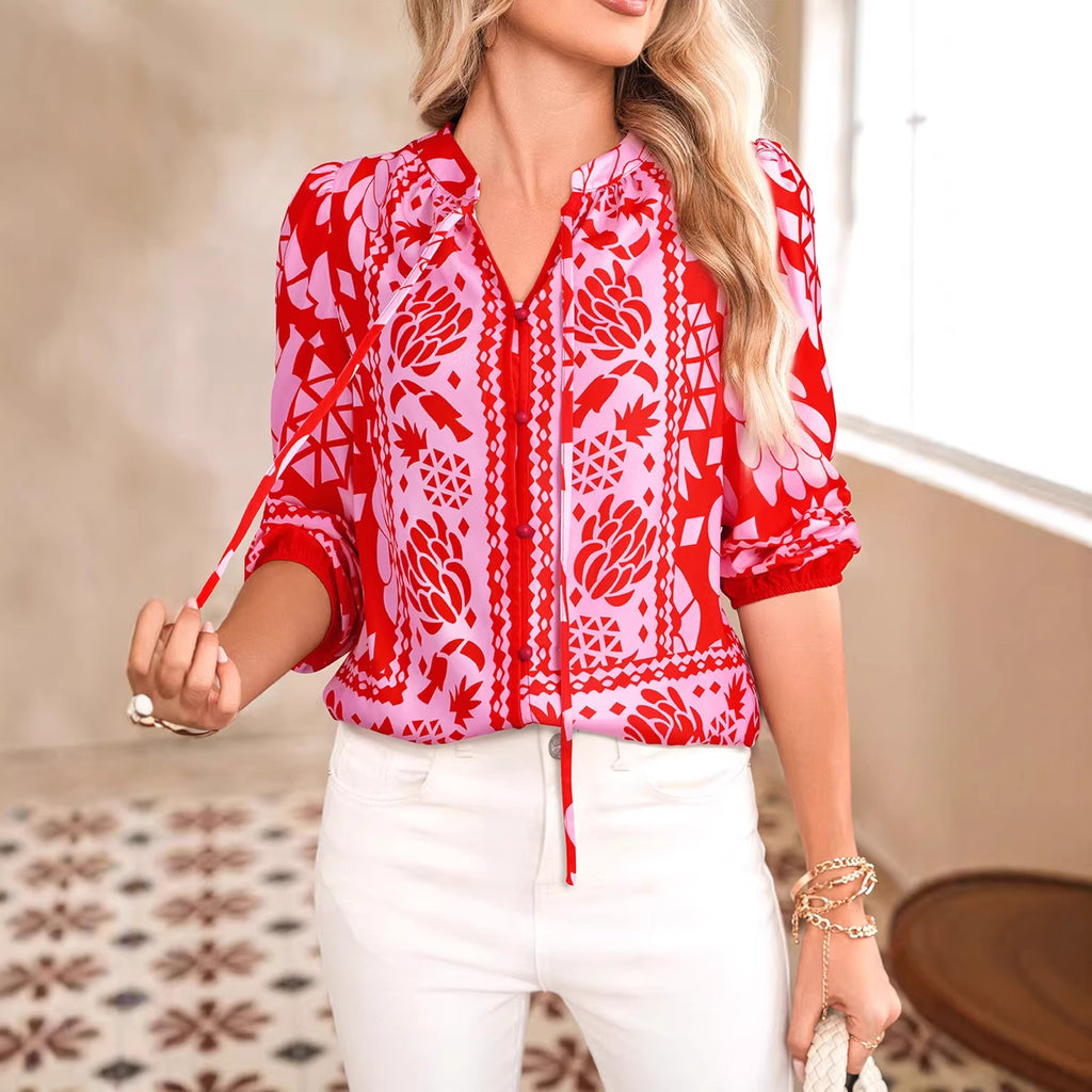 Women's New Pointed-Collar Printed Long-Sleeve Cardigan Shirt