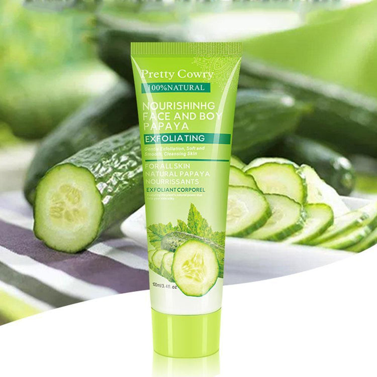 Bucciato Cucumber Coconut Papaya Facial Exfoliating Gel Cream showing fresh, creamy texture with cucumber, coconut, and papaya ingredients.