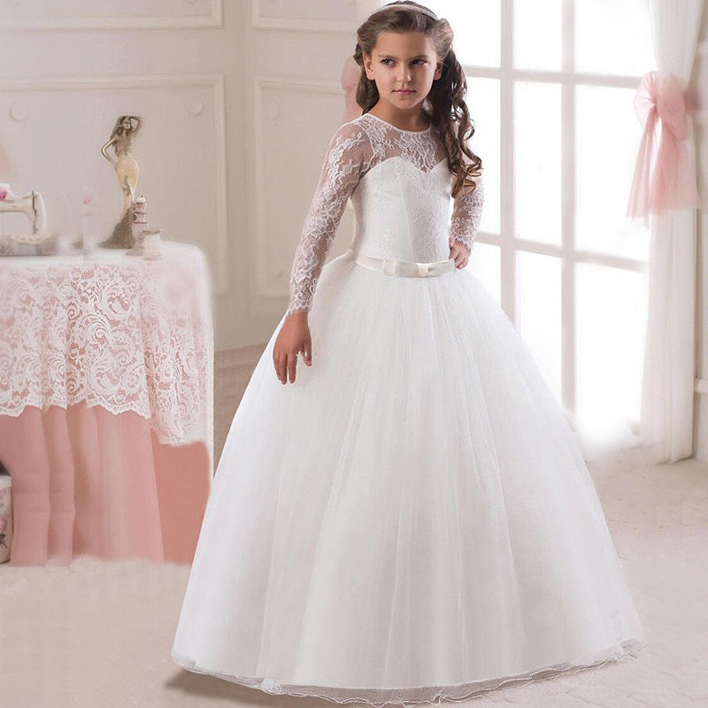 Long flower girl dress for kids featuring floral patterns and pastel colors, perfect for special occasions and formal events.