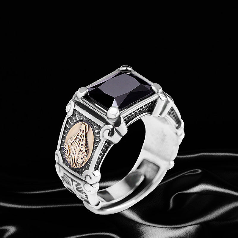 S925 Silver Jewelry Inlaid Men's Black Onyx Virgin Mary Ring