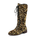 Glittery round-toe mid-heel over-the-knee boots with front lacing, stylish women&