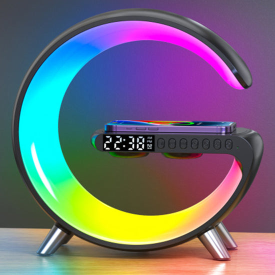 G Shaped LED Lamp Bluetooth speaker with wireless charger, atmospheric lighting, and app control for bedroom or home decor.