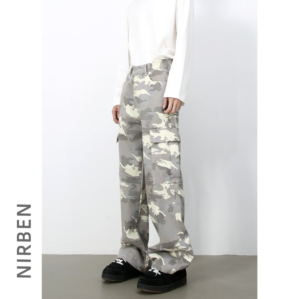 Mens Retro Camo Cargo Denim Jeans With Big Pockets