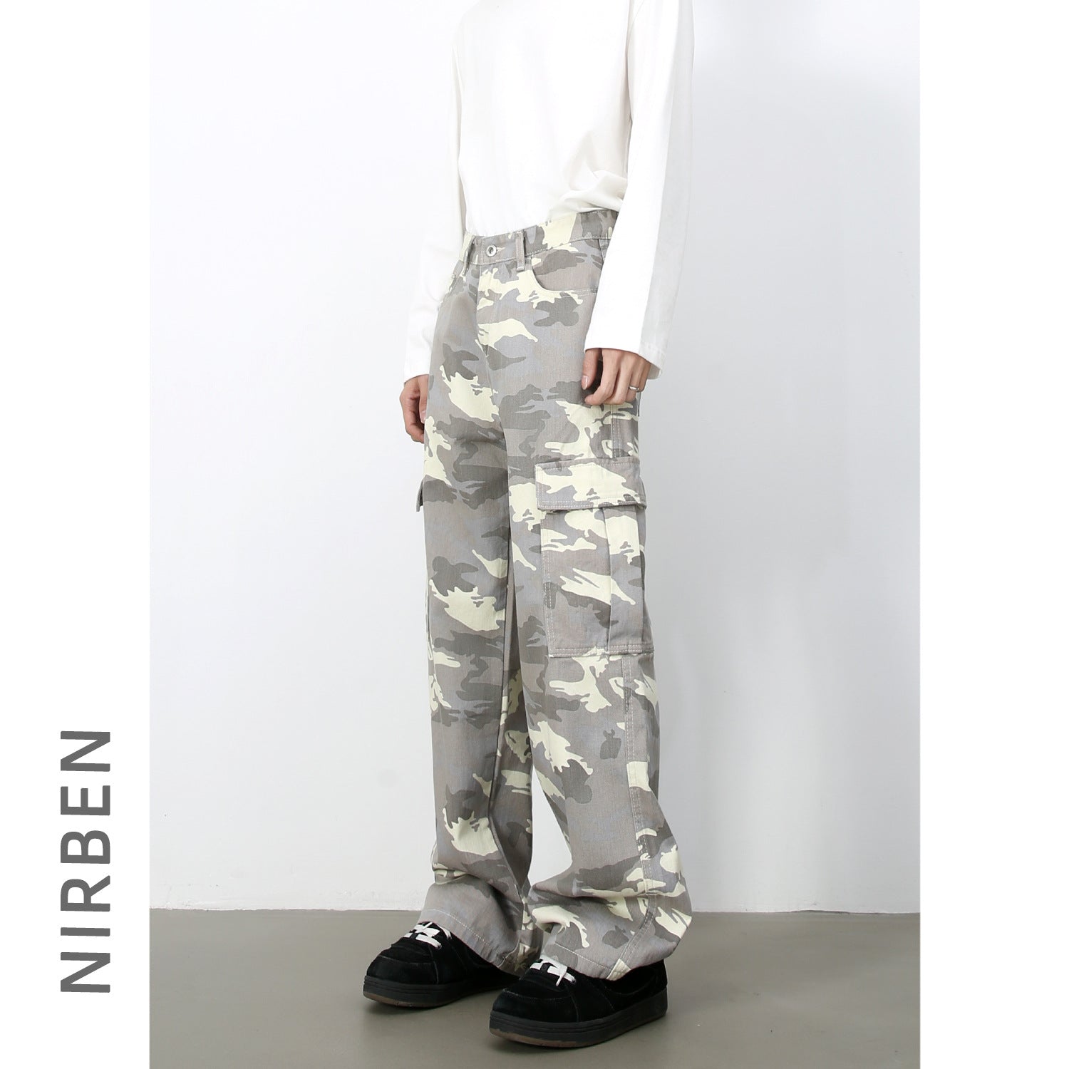 Mens Retro Camo Cargo Denim Jeans With Big Pockets