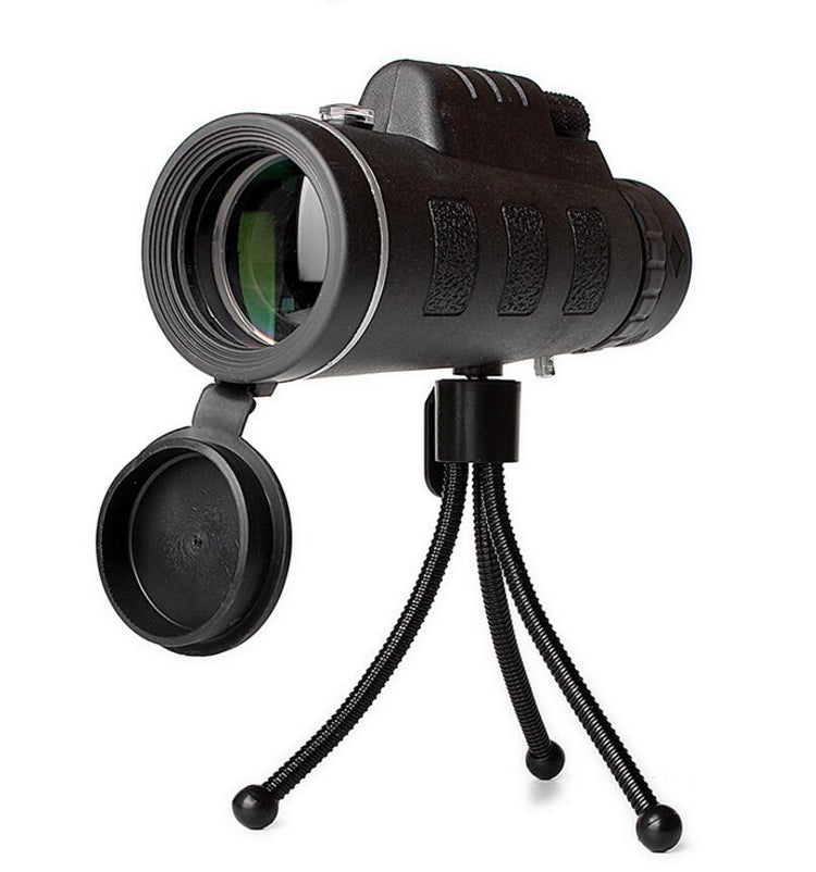 Bucciato compatible monocular telescope with zoom, built-in compass, phone clip, and tripod for outdoor viewing and photography.