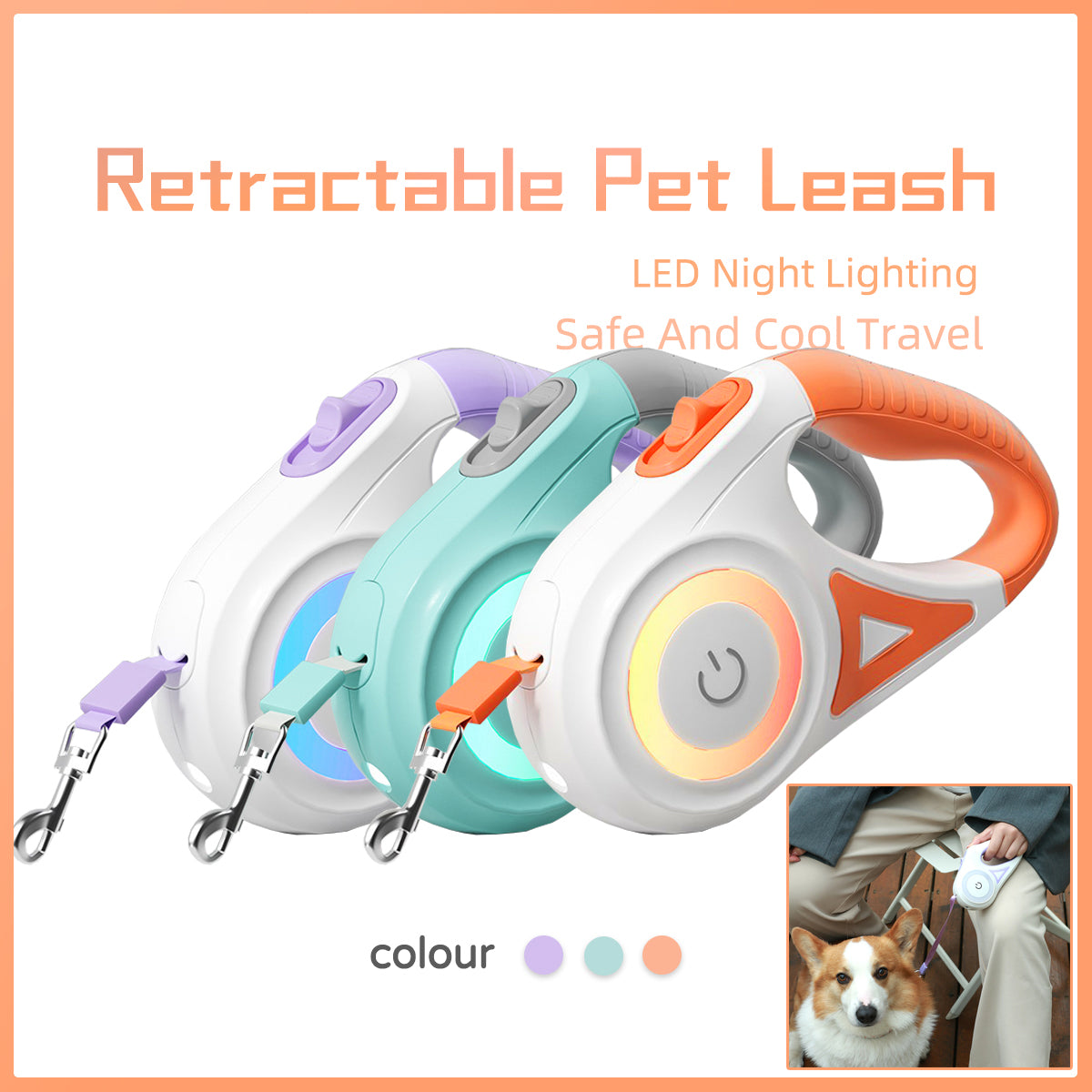 Retractable dog leash and collar set with a spotlight, suitable for small and medium dogs, shown with leash extended and collar attached.