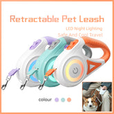 Retractable dog leash and collar set with a spotlight, suitable for small and medium dogs, shown with leash extended and collar attached.