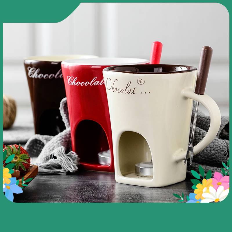 Mini fondue mug set with small pots for chocolate, cheese, or ice cream melting, ideal for dessert serving and kitchen use.