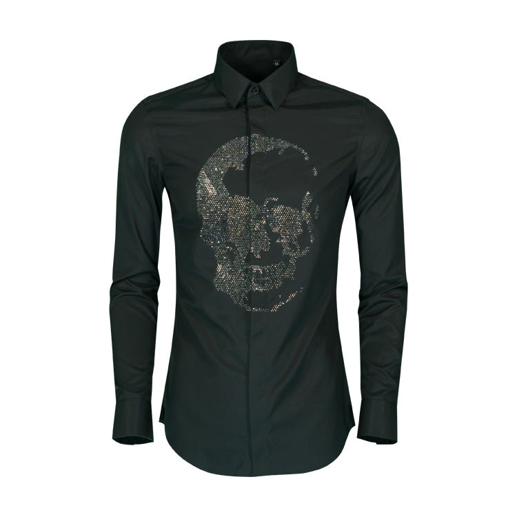 Herrenhemd mit Kristall-Diamant-Totenkopf-Motiv, langärmelig