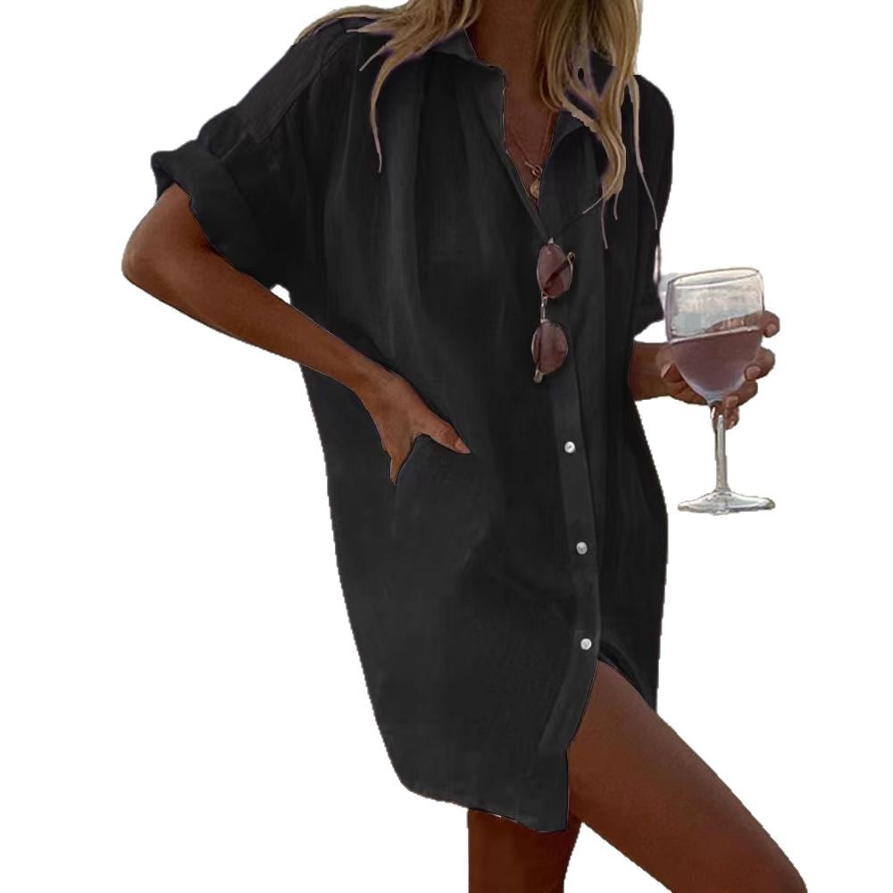 Women's Casual Loose-Fit Fashionable Cotton-Linen Solid-Color Short-Sleeve Top