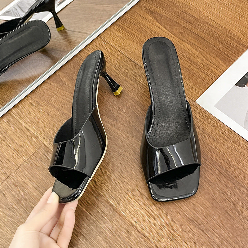 Womens Open-toe Square-toe Slippers With A Thin Heel For Outdoor Wear