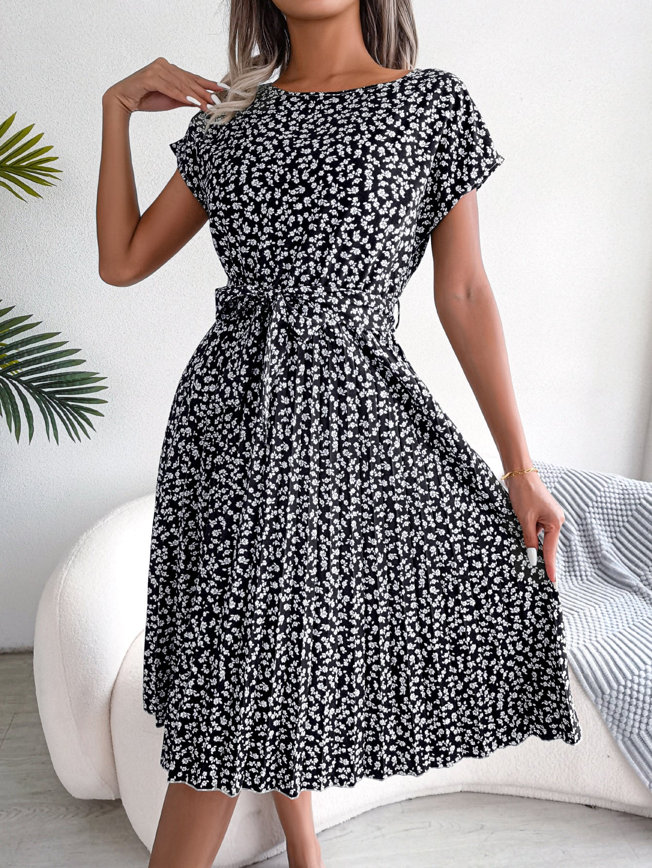 Women   Casual Short Sleeve Floral Print Flowy Pleated Skirt