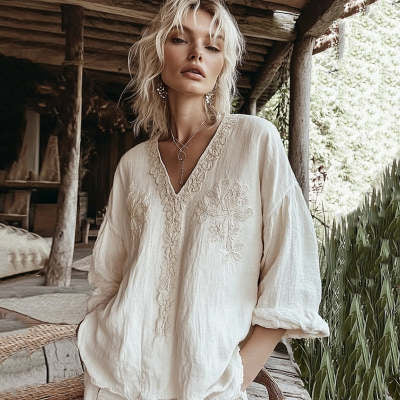 Digital-print Sun-protective Linen Long-sleeve Shirt