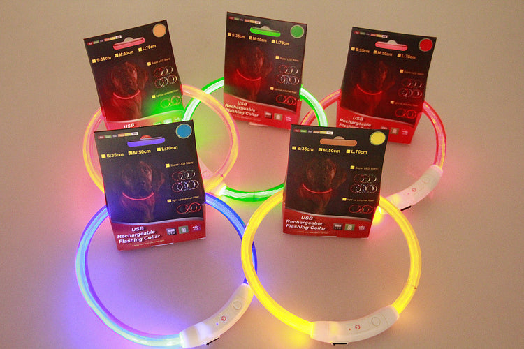 Pet flashing collar with glowing LED light, USB rechargeable safety collar for night walking, suitable for dogs.