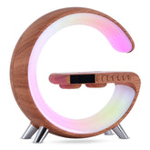 G Shaped LED Lamp Bluetooth speaker with wireless charger, app control, and ambient lighting for bedroom or home decor.