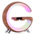 G Shaped LED Lamp Bluetooth speaker with wireless charger, app control, and ambient lighting for bedroom or home decor.