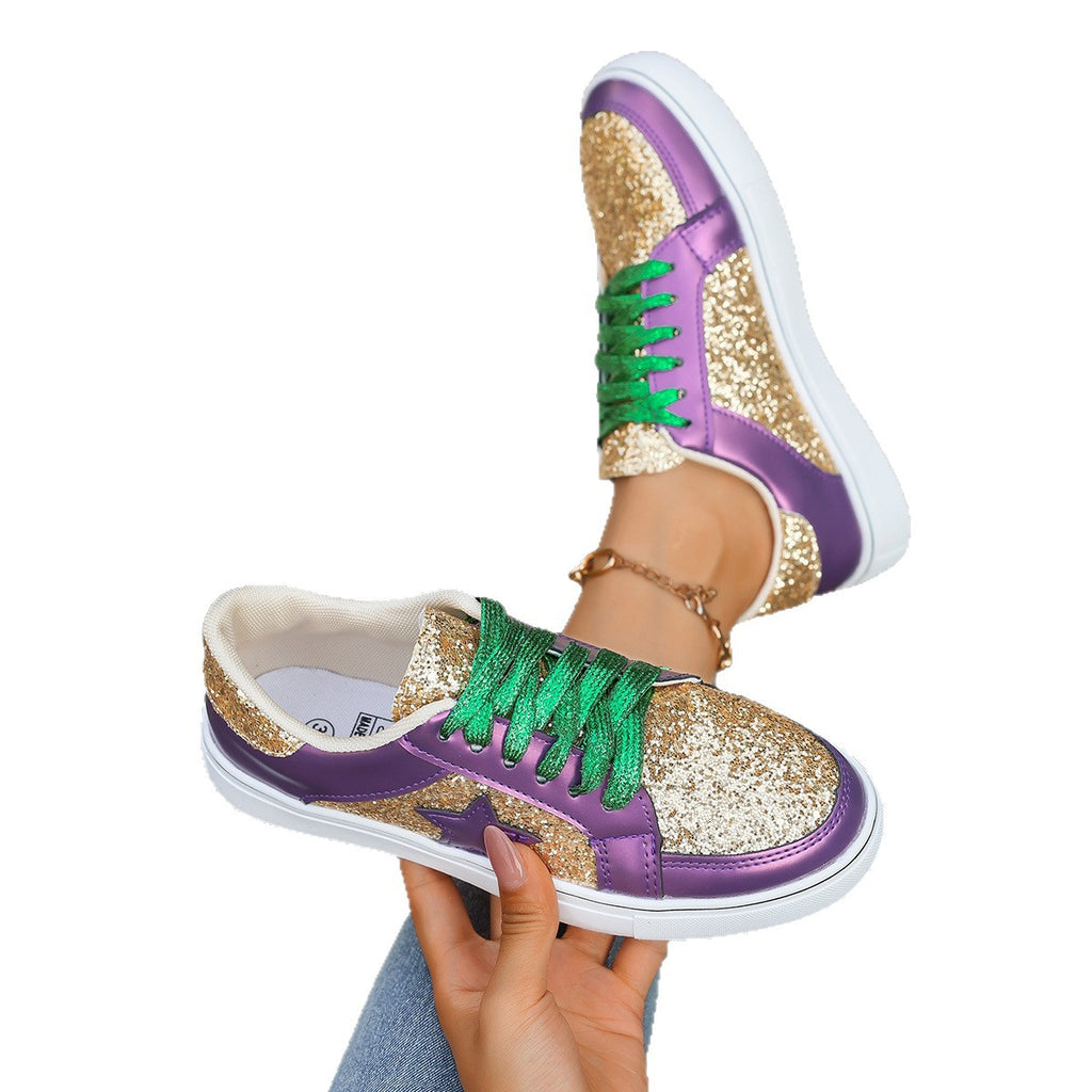 Stilvolle, flache Low-Top-Sneaker mit dicker Sohle, Pailletten und Schnürung