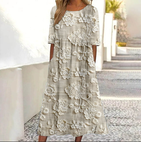 Schlichtes, stilvolles und elegantes Damenkleid mit Rundhalsausschnitt