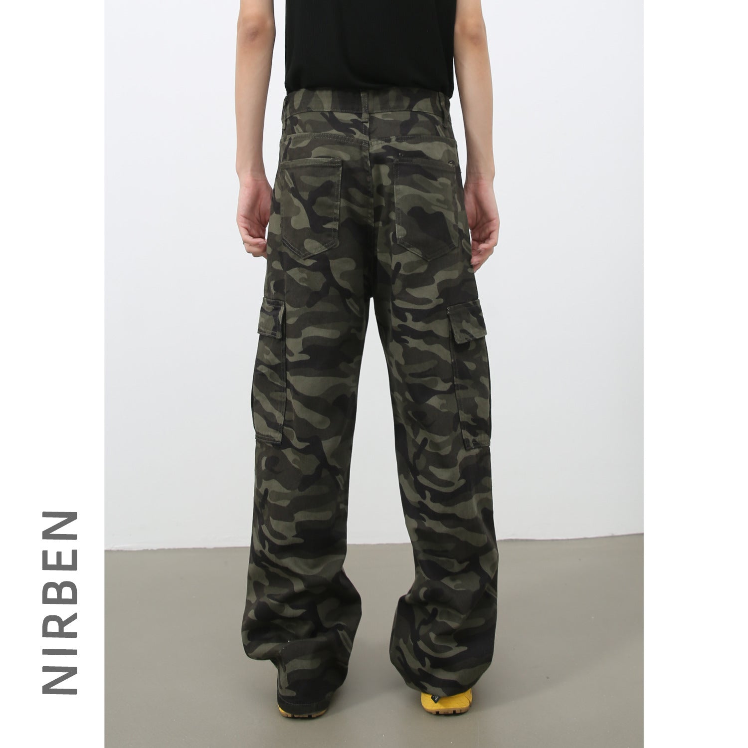 Mens Retro Camo Cargo Denim Jeans With Big Pockets