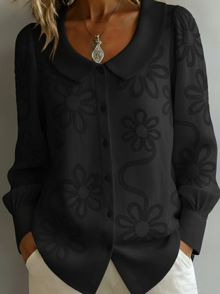 Damen-Langarmshirt mit besticktem Jacquard-Muster und Puppenkragen