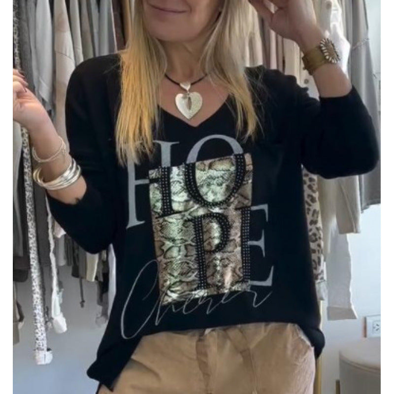 Digital-print V-neck Casual And Comfortable Long-sleeve Top