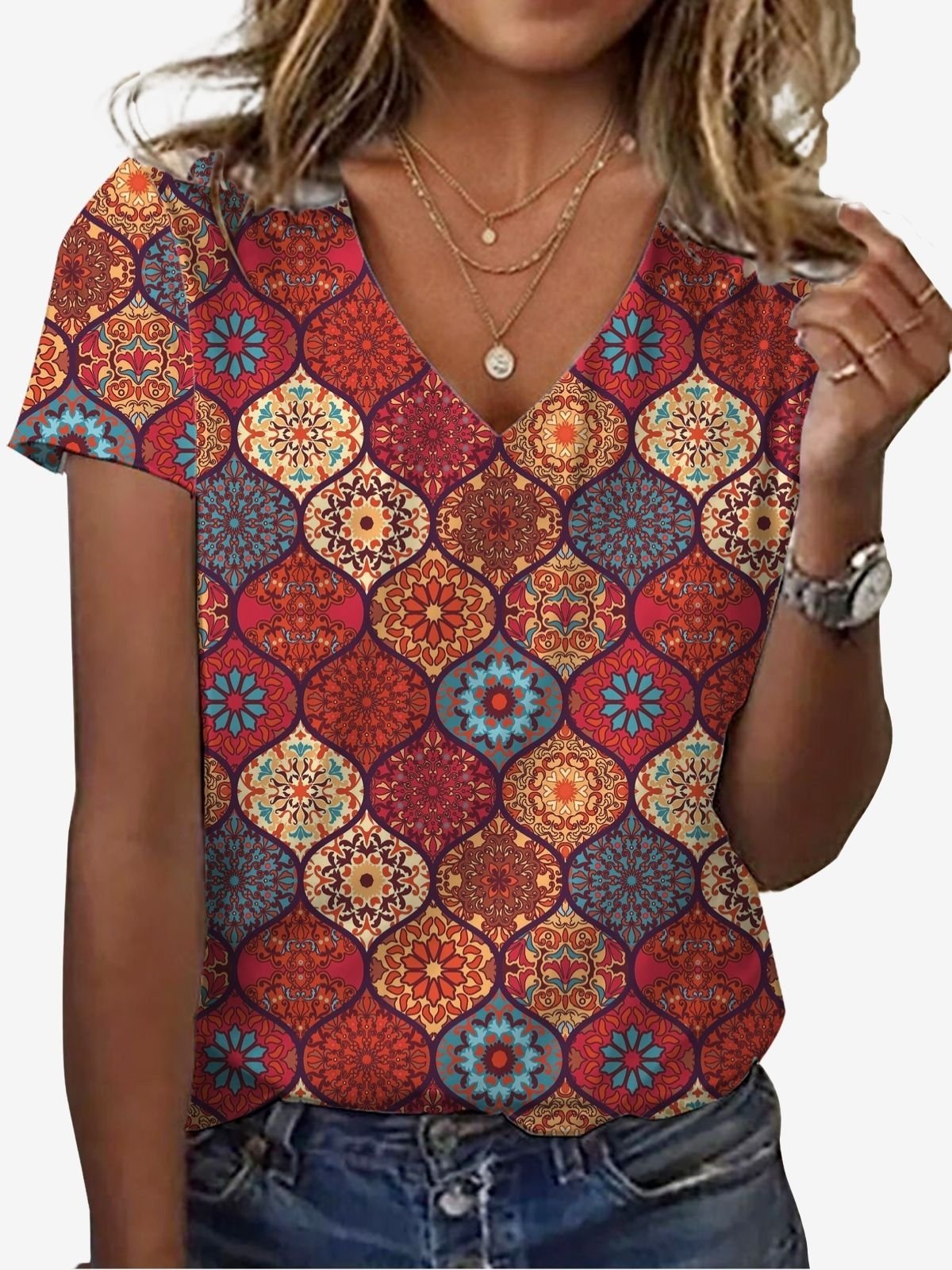 V-neck Short-sleeve 3D Digital-print Loose T-shirt Top