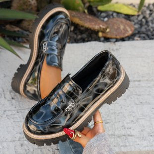 New Autumn Leather Belt-Buckle Patent Leather Leopard-Print Vintage Women's Shoes