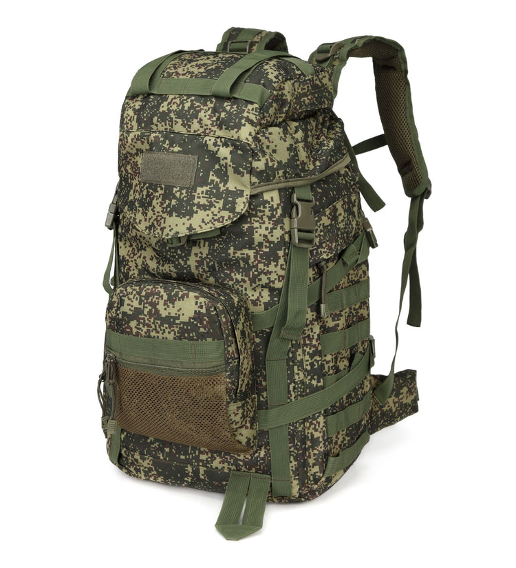 Camouflage backpack for camping, hiking, travel, and cycling, featuring multiple compartments and adjustable straps by Bucciato.