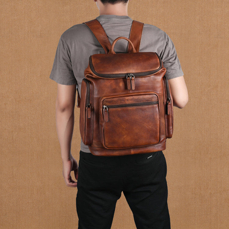 Genuine retro double-layer cowhide backpack for men, outdoor leisure travel backpack with multiple compartments and vintage style