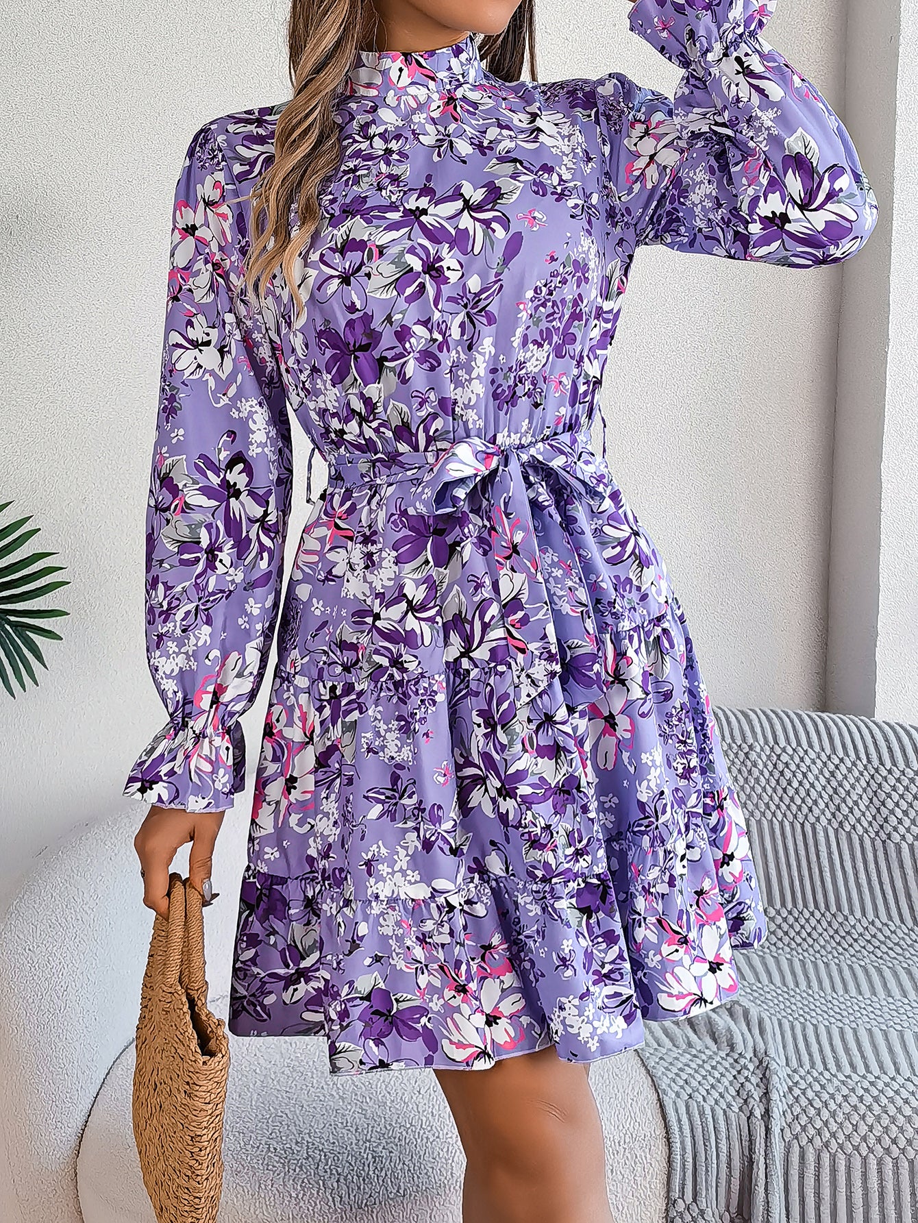 Women's Elegant Stand Collar Floral Print Tie Waist Long Sleeve Ruffle A-Line Skirt