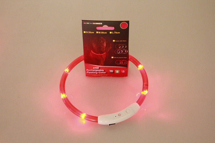 Pet flashing collar with glowing LED light, USB rechargeable safety collar for dogs, ideal for night walks and visibility.