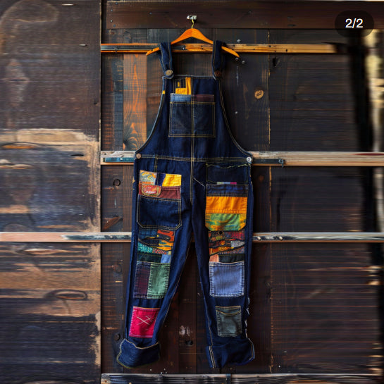 Vintage patchwork art print denim jumpsuit for women, featuring a luxurious artistic design and tailored fit.