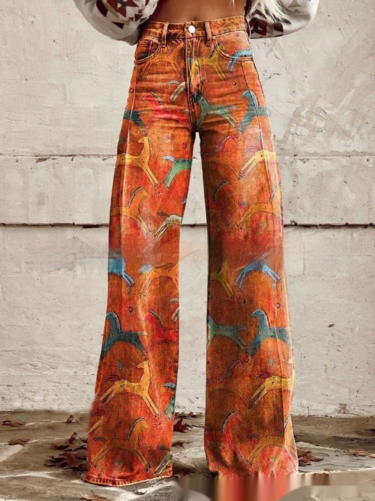 Loose-fit flared denim jeans with retro print, luxury women&