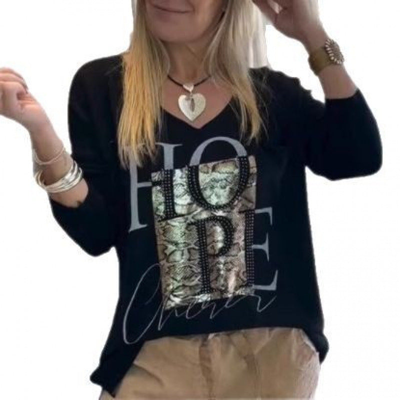 Digital-print V-neck Casual And Comfortable Long-sleeve Top