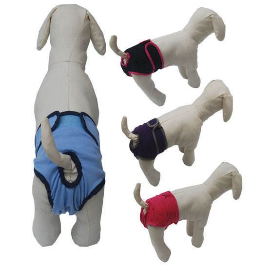 Dog puppy waterproof physiological diapers with adjustable cute patterned pants, ideal for pet comfort and hygiene.