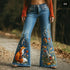 Forest Fox floral embroidered washed flare jeans for women, featuring colorful floral embroidery and a relaxed denim fit.