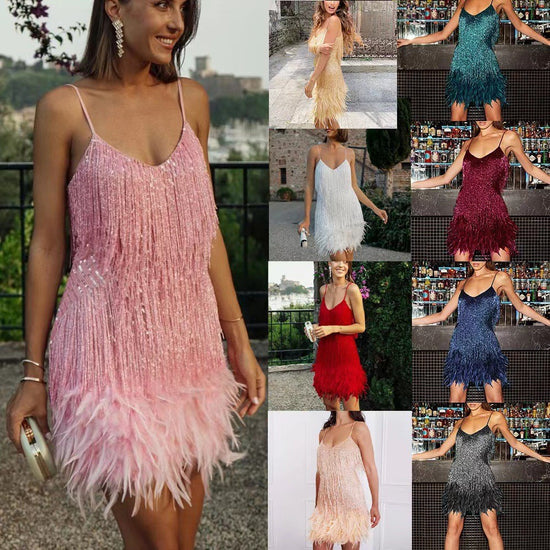 Pailletten-Sommerkleid mit Quasten und Federn, V-Ausschnitt, Spaghettiträgern und Ziernähten, elegantes Abendkleid für Damen, Partykleid