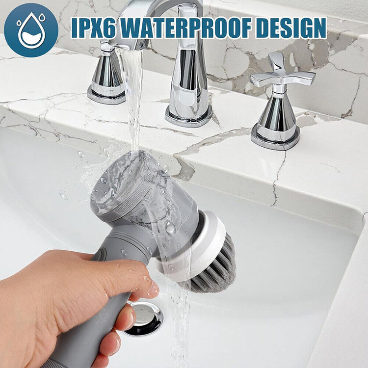 Rechargeable electric cordless cleaning brush set with turbo spin scrub heads, ideal for deep cleaning surfaces and grout.