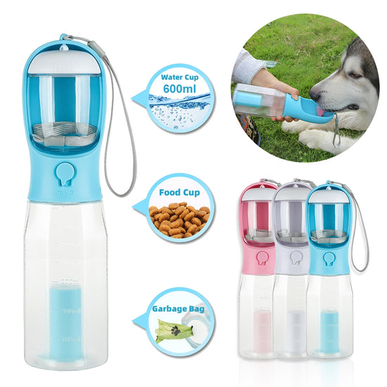 Portable Bucciato 3-in-1 dog and cat water bottle with food feeder, drink dispenser, and leak-proof design for pets on the go.
