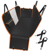 Dog car seat cover with mesh view, zipper, and pocket, providing a safe, comfortable back seat protector for pets during travel.