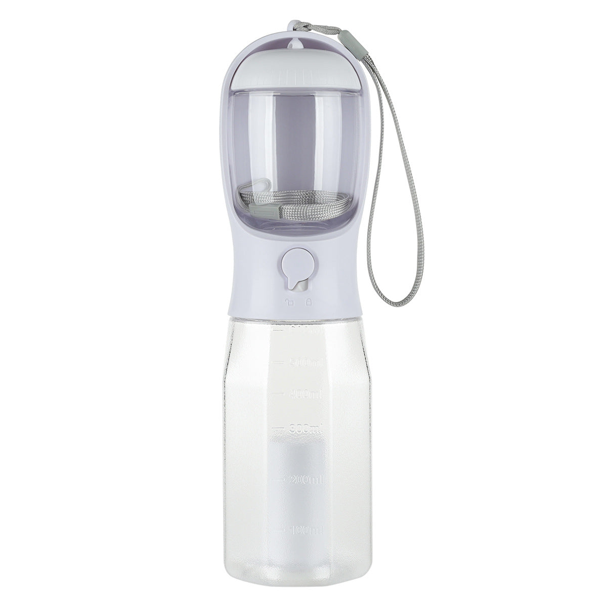 Portable Bucciato 3-in-1 cat and dog water bottle with food dispenser, leak-proof drinker, and poop bag holder for pets.