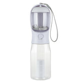 Portable Bucciato 3-in-1 cat and dog water bottle with food dispenser, leak-proof drinker, and poop bag holder for pets.