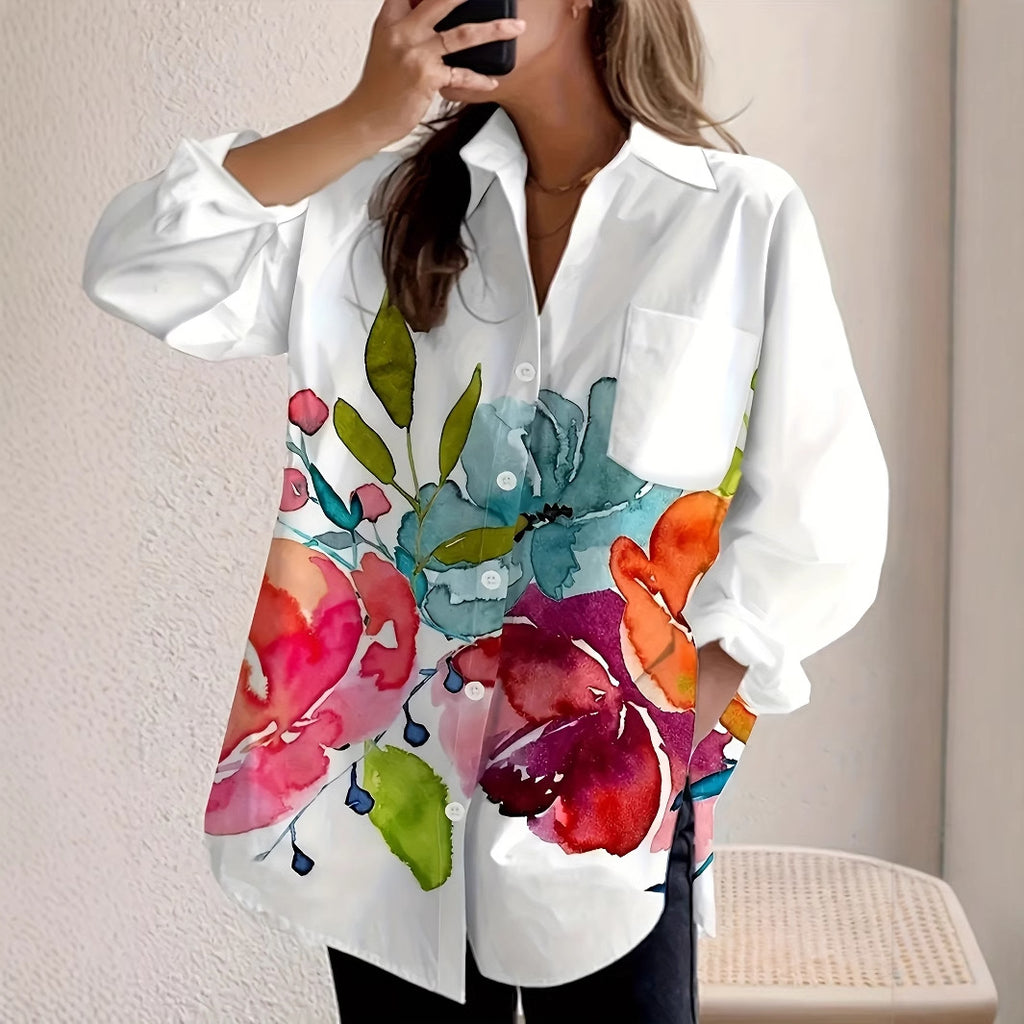 Elegante neue Damenstrickjacke mit floralem Tintenwasch-Print