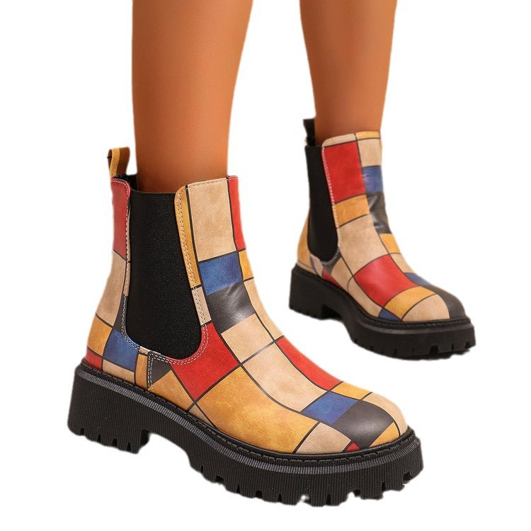 Printed plus-size shaft boots for women with bold patterns and sturdy heel, showcasing stylish footwear from Bucciato Multi-Product Store.