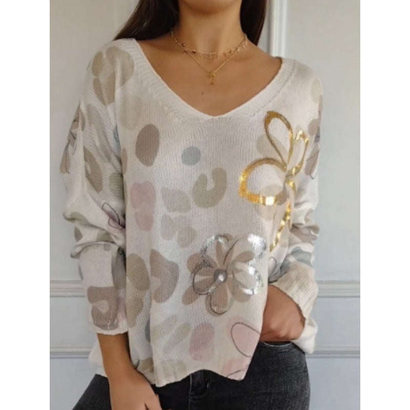 Digital-print V-neck Casual And Comfortable Long-sleeve Top